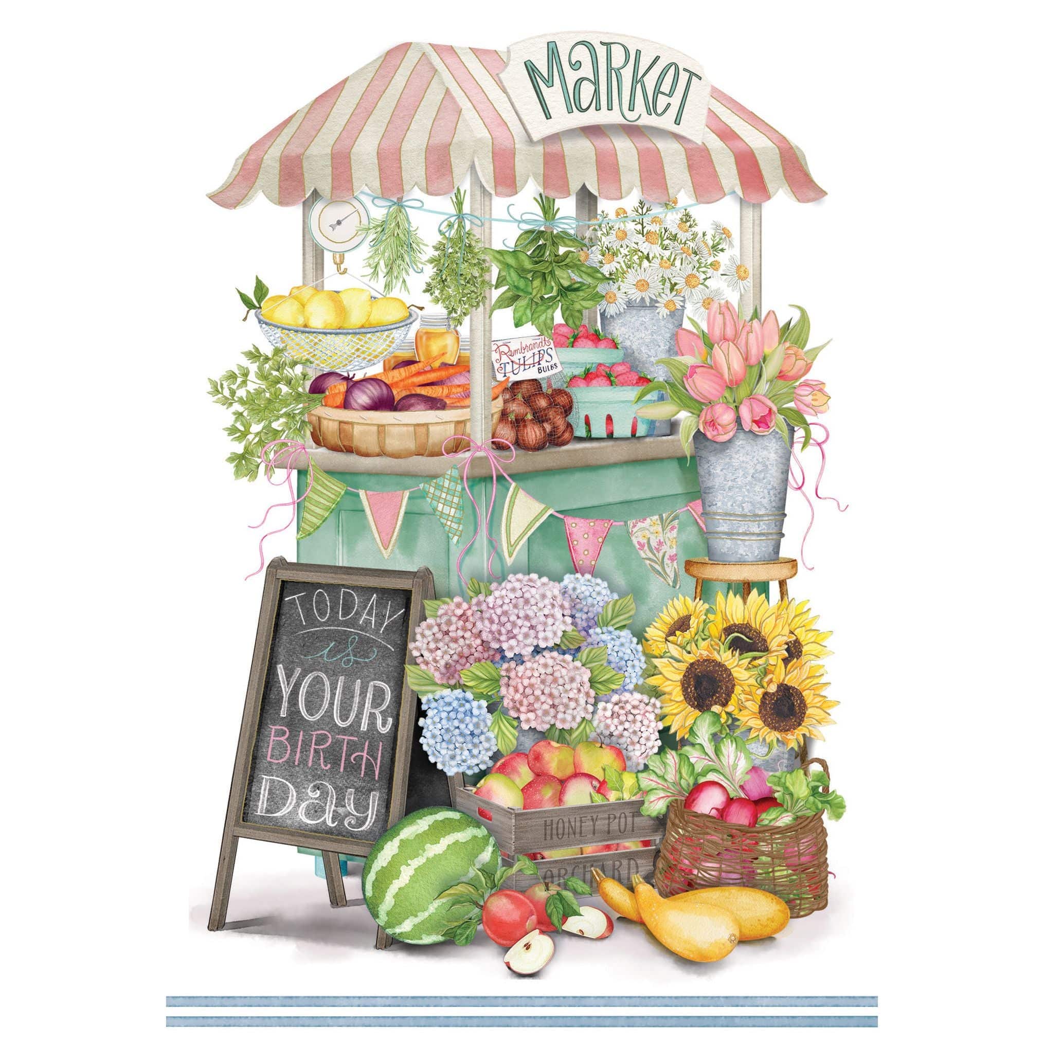 Pictura Market Birthday Card from the Everyday Cards collection, featuring colorful market scene with festive birthday design